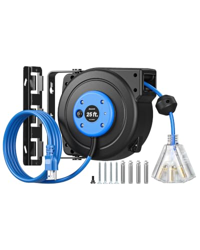 DEWENWILS 25FT Retractable Extension Cord Reel, 3-Outlet,14/3C SJTOW Cable - color: 25 Ft 14awg Blue