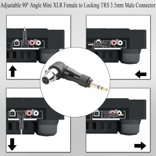 QIANRENON Adjustable 90° Angle Mini XLR to 1/8 Mic Connector Gold Plated 3Pin Mini XLR Female to Locking TRS 3.5mm Male Right Angle Adapter Mi-ni x-lr Direction changeable, for Sports Headphone Camera