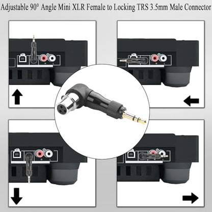 QIANRENON Adjustable 90° Angle Mini XLR to 1/8 Mic Connector Gold Plated 3Pin Mini XLR Female to Locking TRS 3.5mm Male Right Angle Adapter Mi-ni x-lr Direction changeable, for Sports Headphone Camera