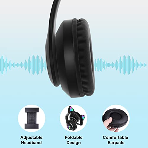 Kids Bluetooth Wireless Over-Ear Cat Ear Headphones with Microphone for Kids Teens Adults (Black) | Over Ear Headphones for Girls/Teenagers/Adults - color: Pure Black