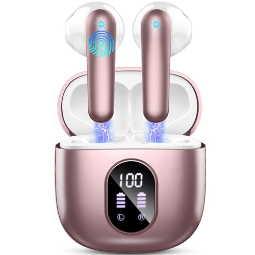 Wireless Earbuds, Bluetooth 5.4 Headphones 50H Playback Bass Stereo Ear Buds with 4 ENC Cancelling Mics, in-Ear Earphones with LED Display, IP7 Waterproof USB-C for Laptop Pad Phones Workout Rose Gold - color: Rose Gold