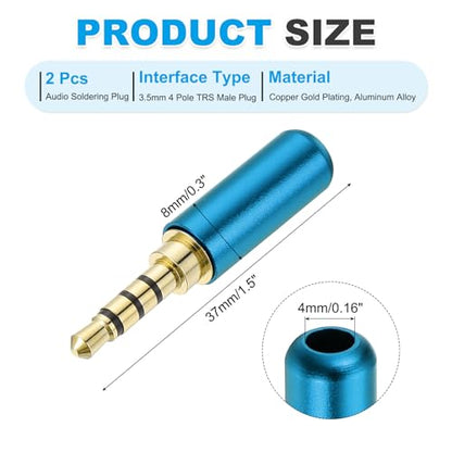 MECCANIXITY 2Pcs 3.5mm Replacement Repair Plug Jack, 4 Pole Metal Stereo Male Plug 3.5mm Solder DIY Audio Cable Connector for Headphone Earphone Microphone Cable Repair, Blue - color: Blue