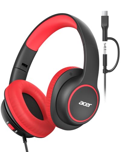 Acer OHW328 2 in 1 Kids Headphones Wired for School - 3.5mm & USB-C Jack | Over Ear Design, 85/94dB Safe Volume Limit, Wired Headphones for Boys Girls Classroom Yoto Player Chromebook Travel - color: 2 in 1 Black Red