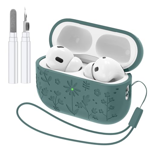 Compatible with AirPods Pro 2 Case USB C, Flower Engraved Cute Silicone Protective Case Cover for Airpods Pro 2nd Generation with Cleaner Kit and Lanyard for Women Girls (DarkGreen) - color: Darkgreen