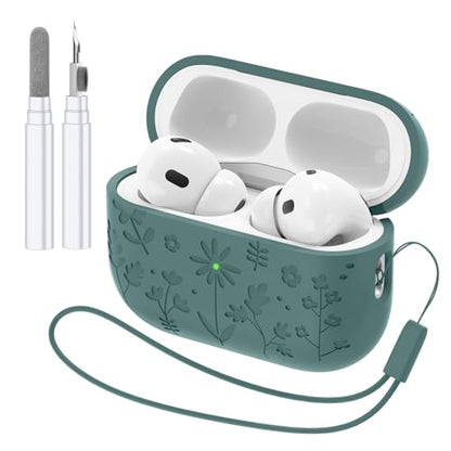 Compatible with AirPods Pro 2 Case USB C, Flower Engraved Cute Silicone Protective Case Cover for Airpods Pro 2nd Generation with Cleaner Kit and Lanyard for Women Girls (DarkGreen) - color: Darkgreen