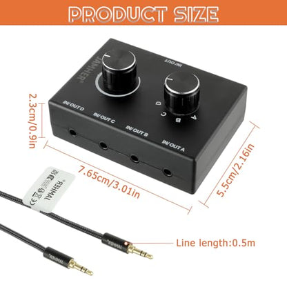 4 Ports 3.5mm Stereo Audio Switch Audio Switcher Passive Speaker Headphone Manual Selector Splitter Box Audio Sharing for CD Player LaptopHeadphone with 0.5M Audio Cable(1in-4out/4in-1out) - size: 4 Port
