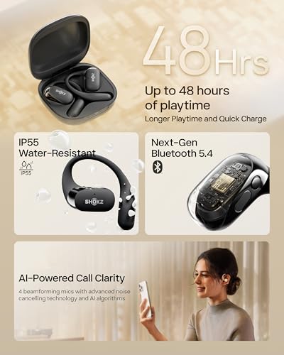 SHOKZ OpenFit 2 Open-Ear Earhook Bluetooth Earbuds, Black,48H Playtime | Bundle with Carrying Bag; Powerful bass; IP55 Water-Resistant; AI call clarity; Bluetooth 5.4; Gym/outdoor/home use - color: Black, style: Charging：USB-C