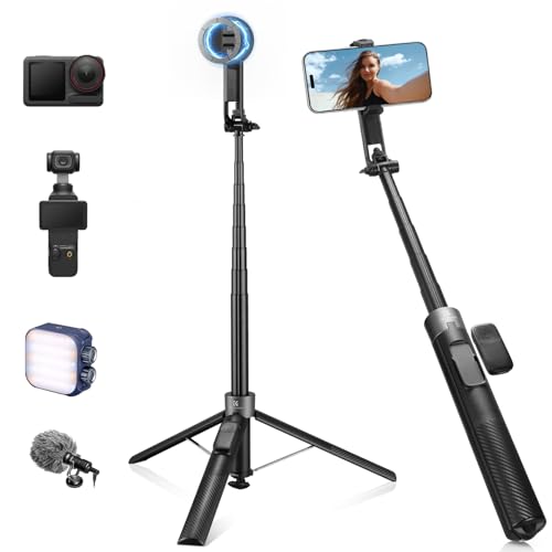 K&F CONCEPT 72" Selfie Stick for iPhone, Phone Tripod | Clip & Magnetic, Remote, 1s Open & Close, Compatible with iPhone 17-12 Osmo Pocket 4/3 Luna Ultra, X97C6 - color: Black