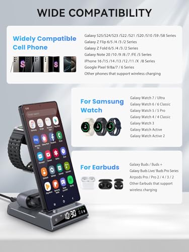 Wireless Charger for Samsung S25 with Clock 3 in 1 Android Charging Station | Charging Station for Galaxy S25 Ultra,Z Flip 7,Fold,Galaxy Bud,Watch Charger for Galaxy Watch 8,7,6,5Pro, Nightstand Charger - color: Grey