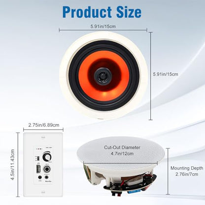 Herdio 4'' Bluetooth Ceiling Speakers 480W 2-Way Flush Mount Speakers System with Wall Amplifier Receiver for Home Theater Office (2 Pairs, Paintable-Grille) - size: 4inch