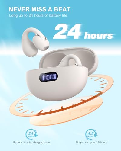 Jzones Open Ear Clip Wireless Earbuds Bluetooth 5.4, Lightweight Comfort Sports Bone Conduction Headphones Built-in Mic for Clear Audio, Stable Fit Earphones 24H Play-Beige - color: Beige