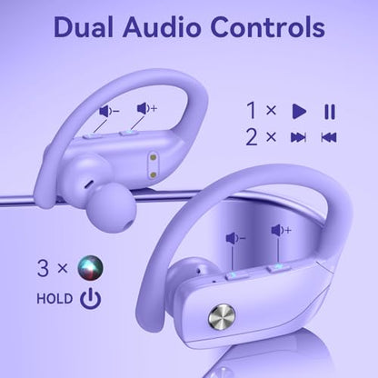 bmani Ear Buds Wireless Earbuds Bluetooth Headphones with 80H Playtime LED Display Case, Over-Ear Hook with Mic, Stereo Sound, Easy Button Controls, Sports Earphones for Running Workout Gym Purple - color: Purple, style: Standard