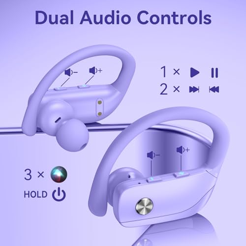 bmani Ear Buds Wireless Earbuds Bluetooth Headphones with 80H Playtime LED Display Case, Over-Ear Hook with Mic, Stereo Sound, Easy Button Controls, Sports Earphones for Running Workout Gym Purple - color: Purple, style: Standard