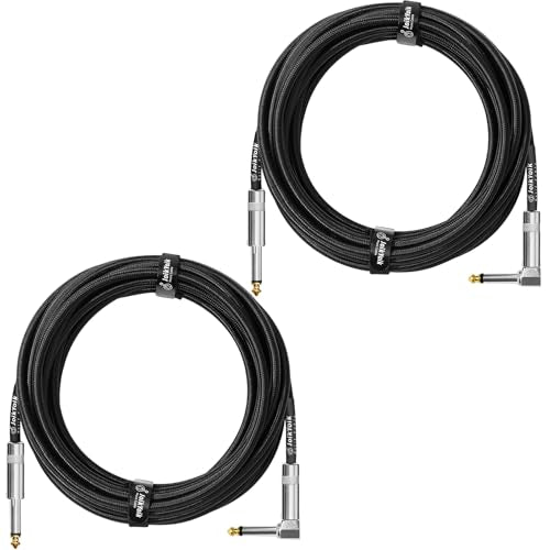 Guitar Cable 20ft 2-Pack, Tweed Cloth Braided Instrument Cable, TS 1/4 Inch Angled to Straight, for Electric Guitar/Bass/Amp, Black - color: Black, size: 20ft