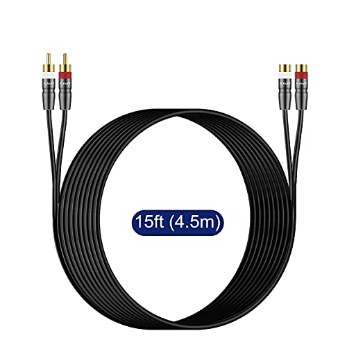 J&D 2 RCA Extension Cable Male to Female, Copper Shell Gold-Plated 2RCA Male to 2RCA Female Cable Stereo Audio Extender Cord Adapter, 15 Feet - size: 15 Feet