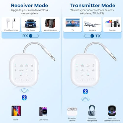 Bluetooth 5.2 Transmitter Receiver, Aptx HD, Aptx Low Latency Audio Adapter for Airplane, TV, Gym, White - color: White