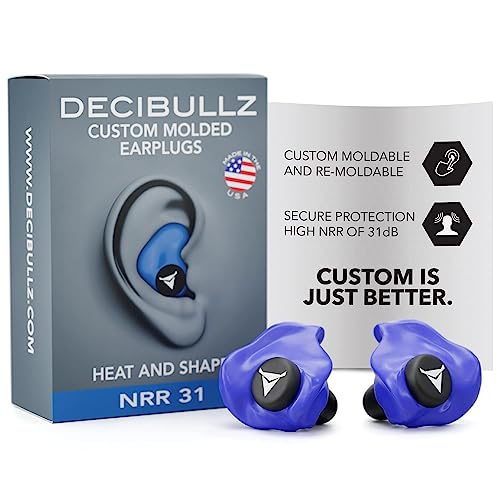 Decibullz Custom Molded Ear Plugs, 31dB NRR Shooting Ear Protection (Blue) | Reusable & Re-moldable, For Range Officers, Jobsite Crews & Musicians, Travel & Concert Use, Earplugs, American Company - color: Blue