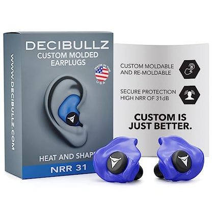 Decibullz Custom Molded Ear Plugs, 31dB NRR Shooting Ear Protection (Blue) | Reusable & Re-moldable, For Range Officers, Jobsite Crews & Musicians, Travel & Concert Use, Earplugs, American Company - color: Blue