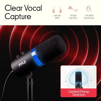 Pyle Dynamic USB/XLR Microphone for Podcasting, Streaming & Gaming, Cardioid Recording Mic with RGB Lighting, Mute Button, Zero-Latency Monitoring, Volume Control & Desktop Stand (PDMIC7B)