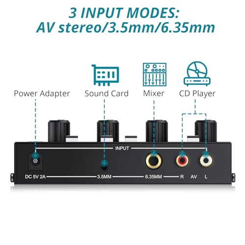 Headphone Amplifier with Light, 4 Channel Mono/Stereo Audio Amplifier with Power Adapter 3 Input Mute & Audio Mixer, Ultra-Compact Headphone Amp Splitter 1/4" & 1/8" TRS Output for Studio - color: Black with Light