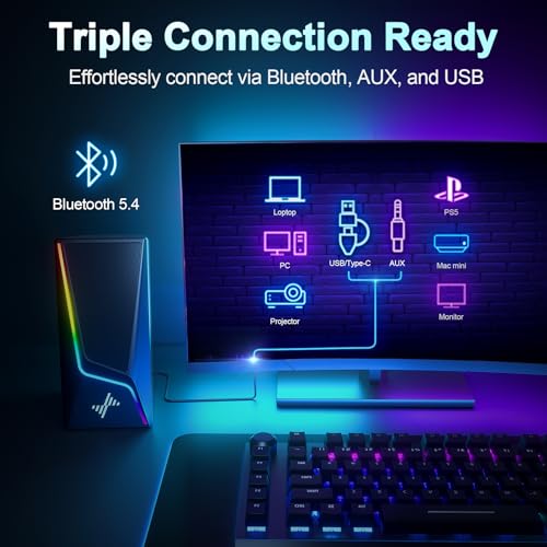 Nylavee Computer Speakers with Subwoofer, 2.1 PC Speakers, Bluetooth 5.4 | 8 Lighting Modes, 60W Peak Power, AC Adapter Powered with USB/USB-C and 3.5mm AUX Inputs for Desktop PCs and Monitors