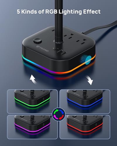 TROND Headphone Stand with USB C, Desk Gaming Headset Holder with 3 AC Outlets, 2 USB-A and 1 USB-C, Headset Stand with 5 RGB Light Modes, for Gaming Desk Accessories Gamer Boyfriend Gifts | 2 USB A and 1 USB C, Headset Stand with 5 RGB Light Modes, for G