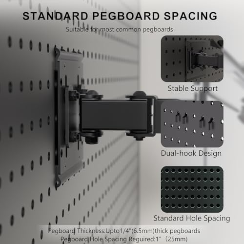 WALI Articulating Pegboard Adjustable Mount for Laptop and Monitor 2 in 1 with Vented Tray, Fits 1" Hole Spacing & Up to 1/4" Hole Diameter, Supports Laptop or Monitor Under 8.8lbs, PM00LP, Black - size: 1 inch hole