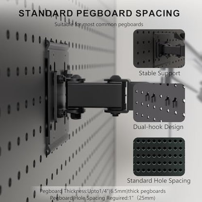 WALI Articulating Pegboard Adjustable Mount for Laptop and Monitor 2 in 1 with Vented Tray, Fits 1" Hole Spacing & Up to 1/4" Hole Diameter, Supports Laptop or Monitor Under 8.8lbs, PM00LP, Black - size: 1 inch hole