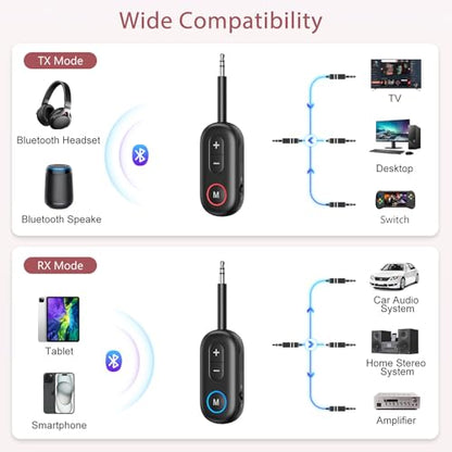 LOFICOPER Bluetooth 5.3 Transmitter Receiver, 3.5mm Aux Adapter, 33ft Range | Hands-Free Driving, 14H Battery Life in RX, Low Latency, Stable Connection, for Airplane, Car, Headphones, Home Stereo, TV - color: Black