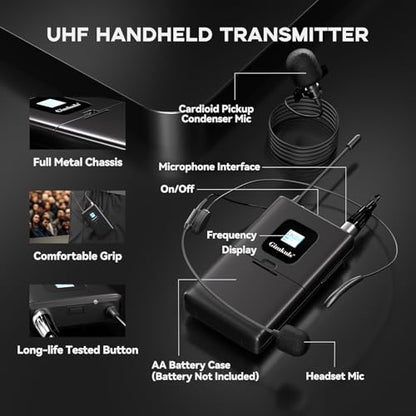 Gimkuls Dual-Channel UHF Wireless Lavalier Microphone System for Church | Complete 4-in-1 Kit: 2 Bodypacks, 2 Headset Mics, 2 Lapel Mics, 200 Frequencies, XLR/6.35 mm for Teaching and Presentations