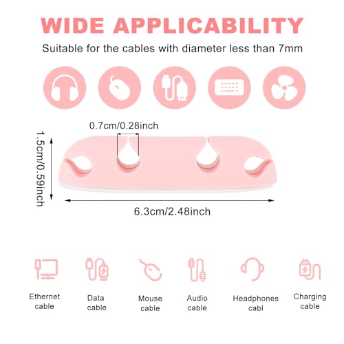 Mabor 3PCS Cable Clips Cord Wire Organizer Electrical Cable Management Holders 4 Hole Silicone Cable Harness USB Charging Accessory Cute Cable Holder for Office and Home Desk (Pink)