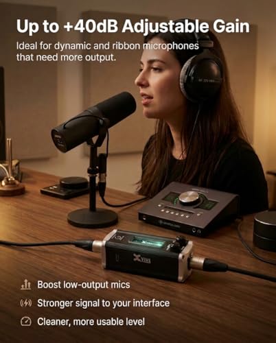 Xvive P2 Tube Microphone Preamp with Nutube, +40dB Clean Gain Booster for Dynamic & Ribbon Mics, Balanced XLR, USB-C Rechargeable, for Podcast, Streaming, Studio & Live