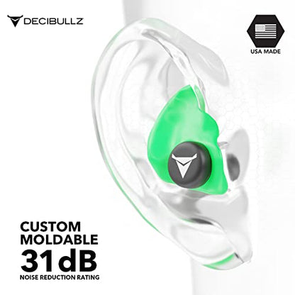 Decibullz - Custom Molded Earplugs, 31dB Highest NRR, Comfortable Hearing Protection for Shooting, Travel, Swimming, Work and Concerts (Green) - color: Green