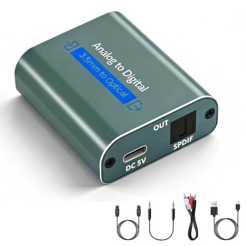 RCA to Optical Audio Converter Dual 3.5mm Jack in Optical Out Audio Adapter | Analog to Optical Audio Converter Aluminum ADC Converter with SPDIF 3.5 Audio Cable and 3.5 to RCA Cable(Only PCM/LPCM)