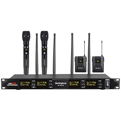 Pro Wireless Microphone System, 4-Channel UHF Wireless Mic Set with 2 Handheld Microphones, 2 Bodypack/Headset/Lapel Mics, Metal Cordless Microphone Base for Church, Singing, DJ (BR-402UM)