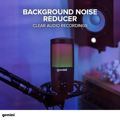 Gemini Sound GSM100USB PC Computer USB Condenser Microphone with RGB LED Lights Headphone Jack Volume and Background Noise Reduction Controls for Live Streaming Podcasting Chat Gaming Twitch Zoom
