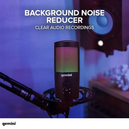 Gemini Sound GSM100USB PC Computer USB Condenser Microphone with RGB LED Lights Headphone Jack Volume and Background Noise Reduction Controls for Live Streaming Podcasting Chat Gaming Twitch Zoom