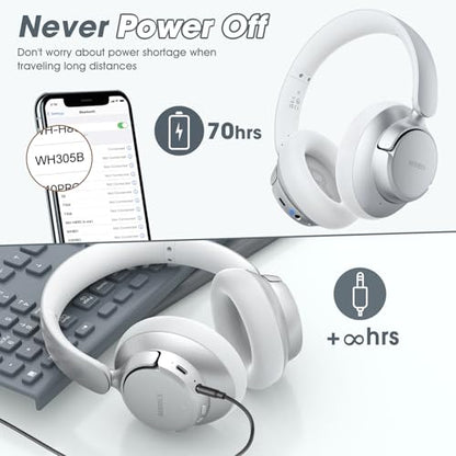 BERIBES Hybrid Active Noise Cancelling Headphones Wireless Over Ear 70Hours | Foldable Bluetooth 6.0,Transparent Modes,3.5MM Cable,Lightweight Built-in Mic,HiFi Stereo Deep Bass,Soft-Earpad,Fast Charging - color: Silver