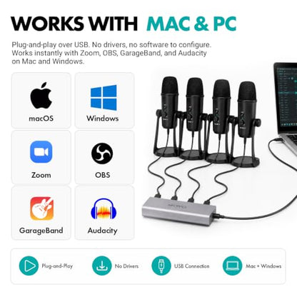 Movo 4-Person USB Podcast Equipment Bundle – 4 Condenser Mics, Hub & Case - color: Black