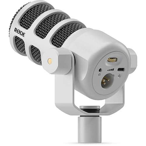 Rode PodMic USB White Dynamic Broadcast Microphone with Rode SC27 Blue USB-C to USB-C Cable and StreamEye Adjustable Boom Arm