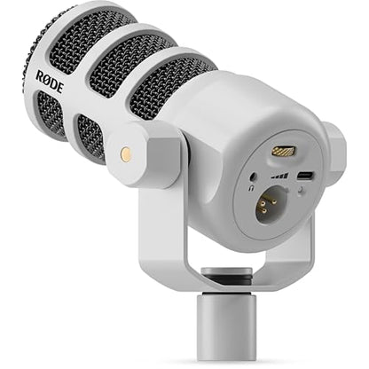 Rode PodMic USB White Dynamic Broadcast Microphone with Rode SC27 Black USB-C to USB-C Cable and StreamEye Adjustable Boom Arm