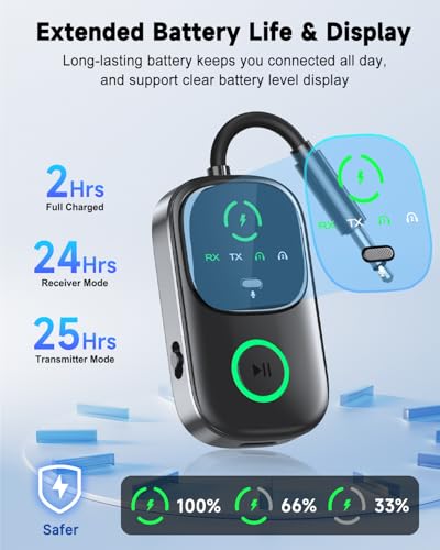 LED Display 2 in 1 Bluetooth 6.0 Transmitter Receiver 3.5mm AUX Jack RCA Wireless Audio Adapter Dongle for Airpods Headphones TV Airplane Flight Car Speaker Home Stereo, Dual Pairing & Handsfree Call - color: Black AUX Standard