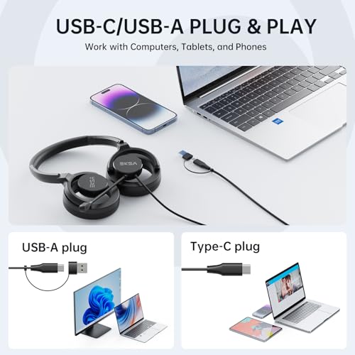 EKSA H27 USB Computer Headset with Microphone for Work, PC Headset with Noise Cancelling Mic, Wired Over-Ear Headphones with in-Line Controls, USB Headset for PC/Computer/Laptop/Call Center/Office - style: Wired Headset