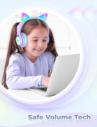 iClever HS20 Kids Headphones for Toddler Girls, Cat Ear LED Light Up School | SafeSound Tech, 3.5mm Wired Foldable, Stereo Sound, Over-Ear Headphones for Kids for iPad/Tablet/Travel/Gift, Light Purple - color: Light Purple