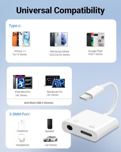 Seulliya USB C to 3.5mm Headphone Jack and Charger Adapter, 2-in-1 Audio & Fast Charging Splitter for Apple iPhone 17/16/15/Pro/Pro Max, iPad, Samsung, Pixel, and More 1Pack - color: White