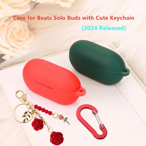 Case for Beats Solo Buds Case Cover with Flower Keychain, Cute Soft Silicone Shockproof Protective Skin Cases for Beats Solo Buds Wireless Earbuds with Carabiner for Women Girl (Green) - color: Green