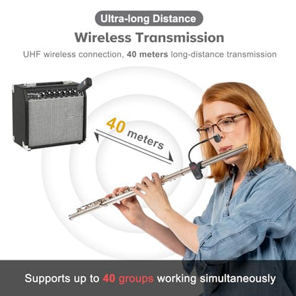 Wireless Microphone,UHF Wind Instrument Clip Microphones for Flute | Rechargeable Receiver and Transmitter Mic System, 130ft Range with Digital Screen, Great for Flute Piccolo Clarinet - color: Black4