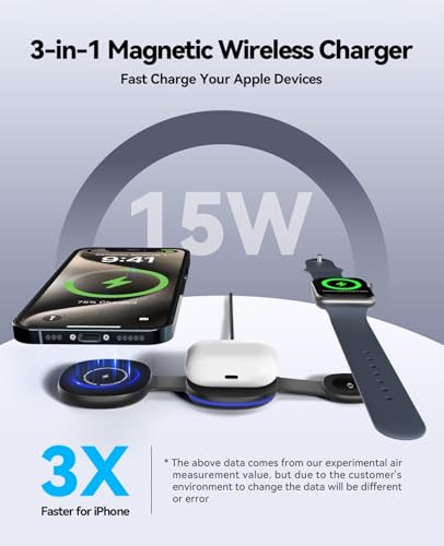 애플 기기용 3-in-1 MagSafe 무선 충전기, 15W 고속 충전 스테이션 | 아이폰 17/16/15/14/13/12 시리즈, 애플 워치, 에어팟과 호환되는 접이식 여행용 충전 스테이션 - size: 15W Black 1Pack