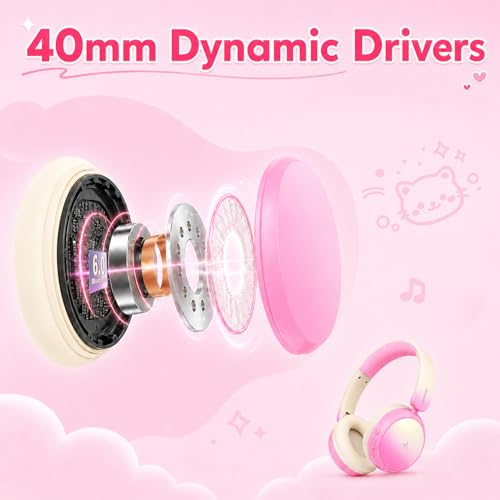 Kids Wireless Headphones for Girls,Over-Ear Kids Headset - color: Pink