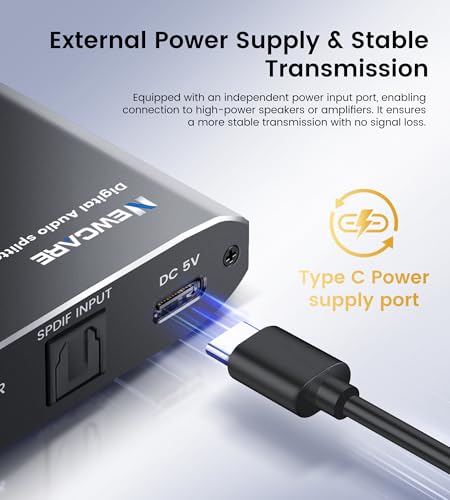 NEWCARE Digital Optical Splitter 1 in 2 Out,SPDIF Toslink Optical Audio Cable Splitter 1x2 Support LPCM2.0 Doldy Digital & DTS 5.1 for Xbox,PS4,PS5,DVD,TV Box,Home Theatre, Receiver,Sound Bar | Toslink Splitter 1x2 Support LPCM2.0 Doldy Digital & DTS 5.1